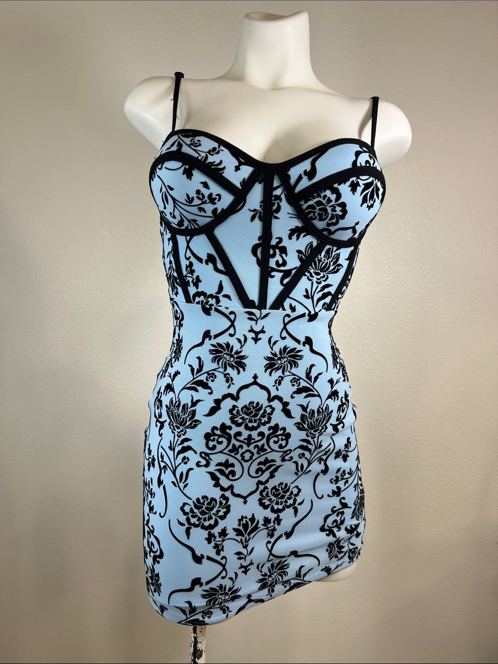 Windsor Powder Blue Bustier Mini with Black Floral Overlay XS